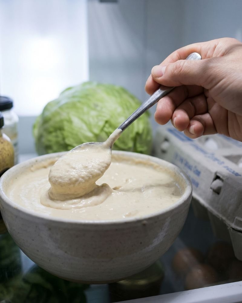 tasting Greek yogurt ranch dip with spoon adjusting seasoning before serving