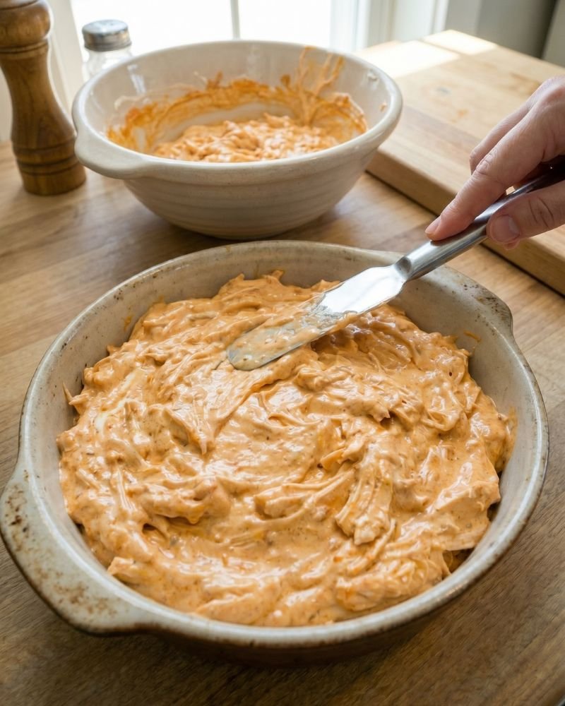 transferring buffalo chicken dip mixture into baking dish