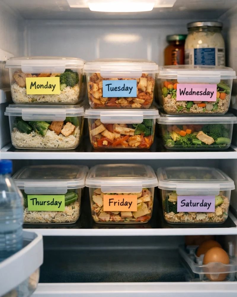 weekly bulking meal prep containers in fridge organized high protein meals for muscle gain