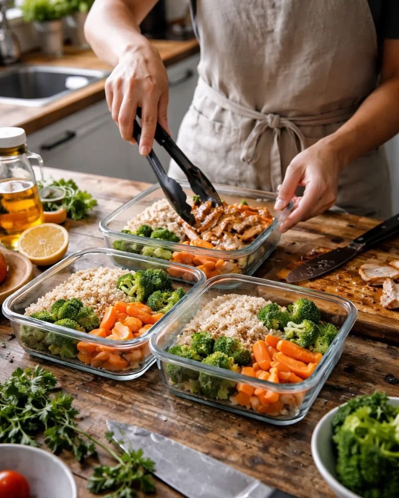 weekly gluten free meal prep chicken rice vegetables portioning meal prep containers healthy eating