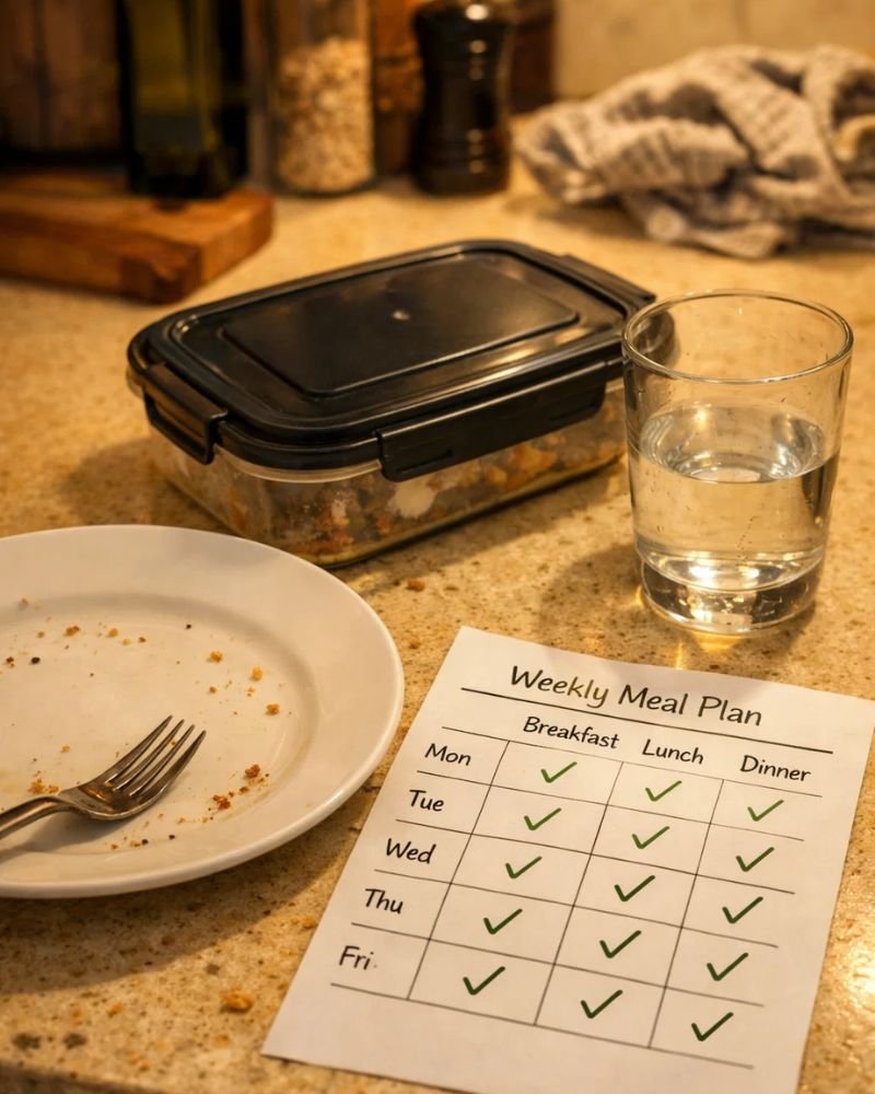 weight loss consistency meal prep finished plate calorie tracking realistic lifestyle no people