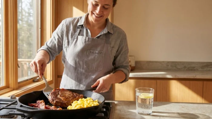 30-day carnivore diet meal plan with steak eggs bacon and butter in a realistic kitchen setting for beginners starting a high protein animal-based diet