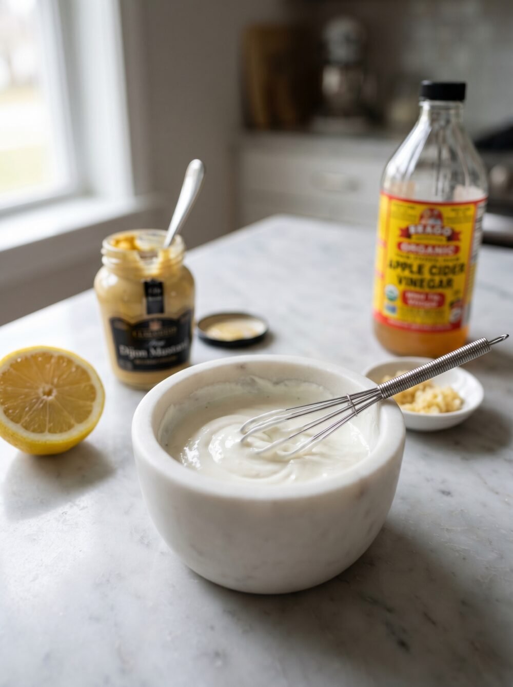 Greek yogurt dressing being whisked in a white bowl with Dijon mustard, garlic, and apple cider vinegar for healthy potato salad without mayo