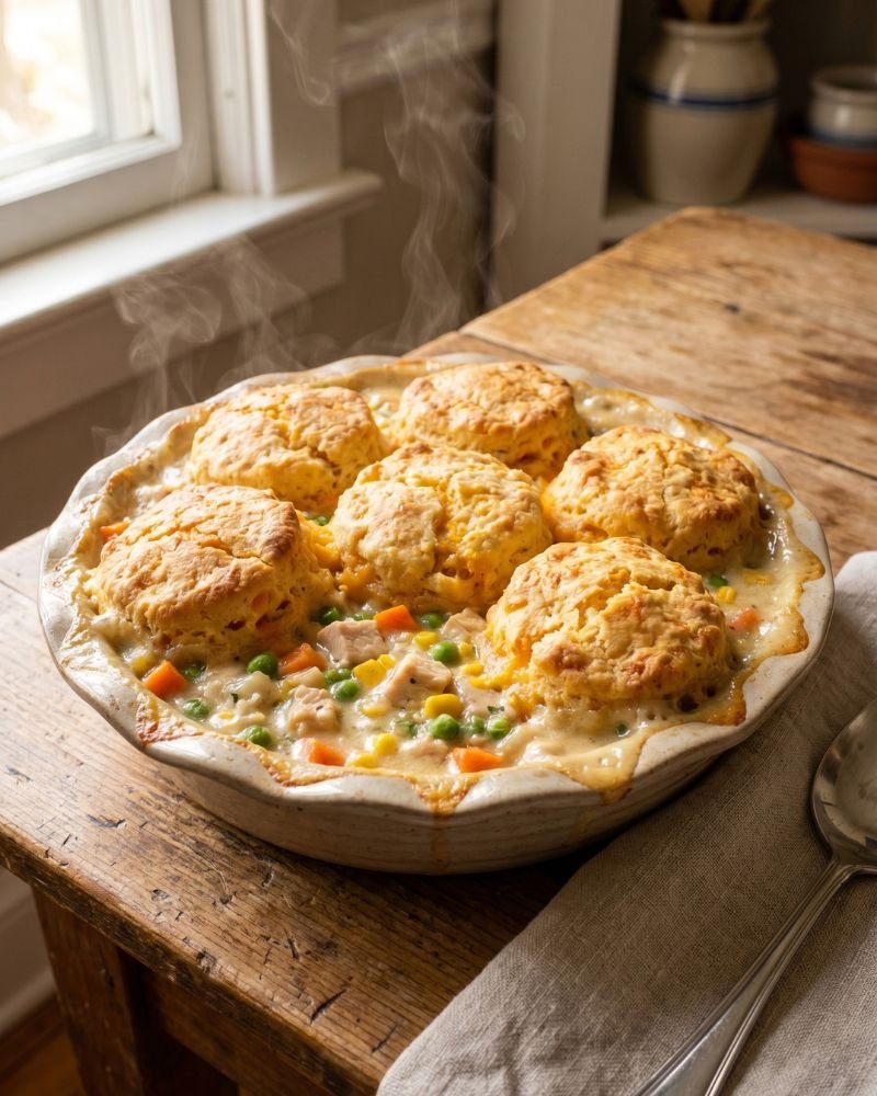 Baked chicken pot pie with cheddar bay biscuits golden brown healthy comfort meal