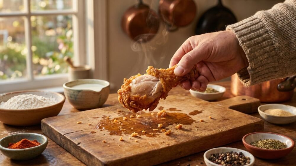 Extra crispy homemade broasted chicken recipe with juicy chicken drumstick pulled apart on rustic wooden table