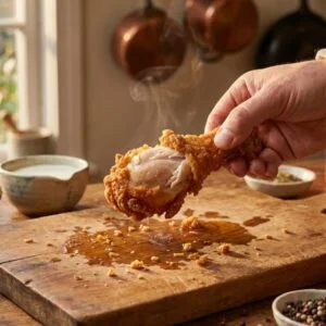 Extra crispy homemade broasted chicken recipe with juicy chicken drumstick pulled apart on rustic wooden table