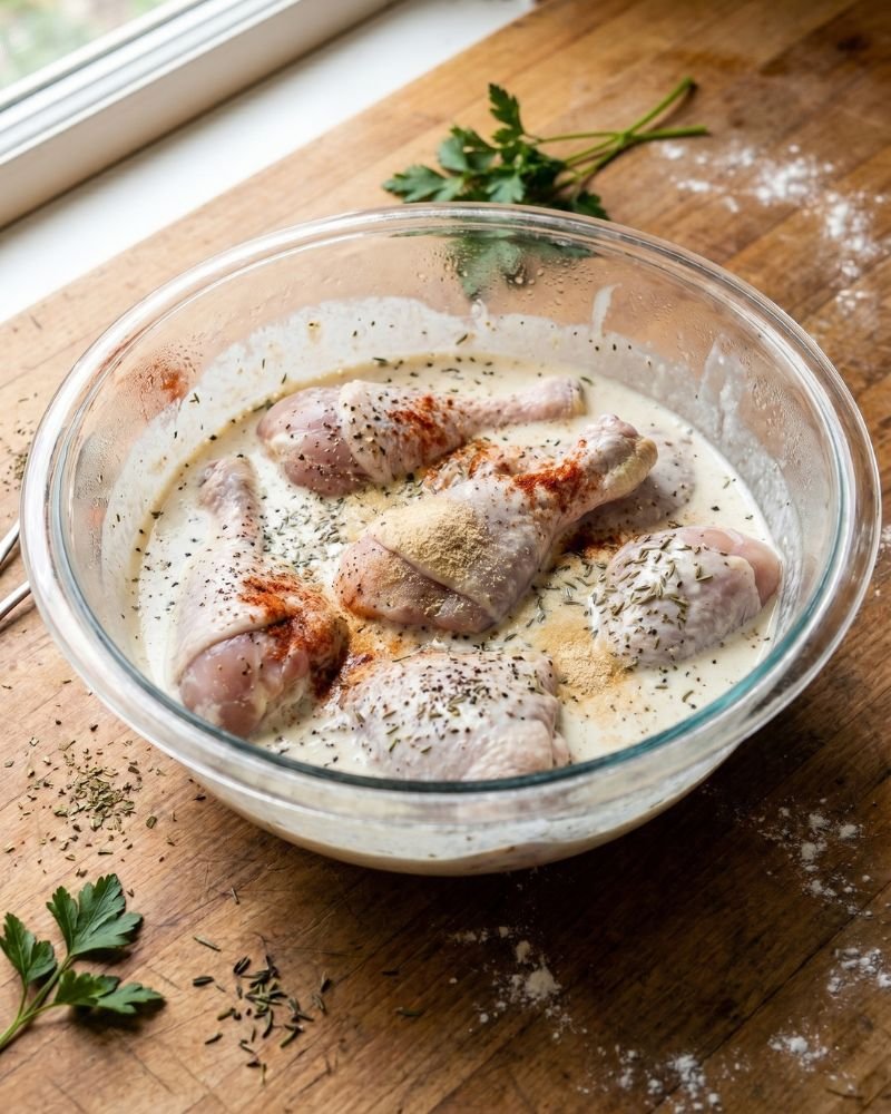 Chicken marinating in buttermilk mixture for crispy homemade broasted chicken recipe