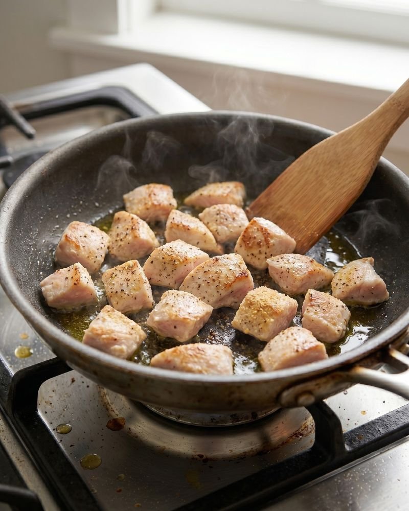 Cooking seasoned chicken breast in skillet with olive oil for healthy chicken pot pie recipe