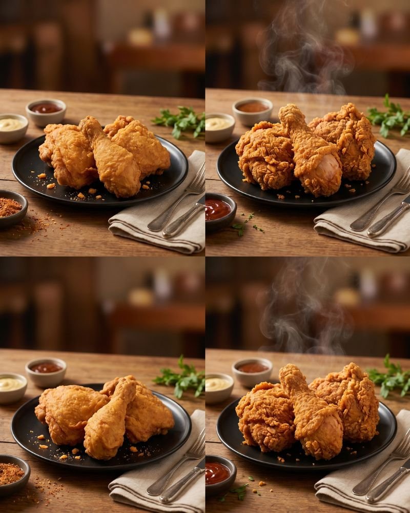 Difference between fried chicken and broasted chicken with crispy pressure-fried texture comparison