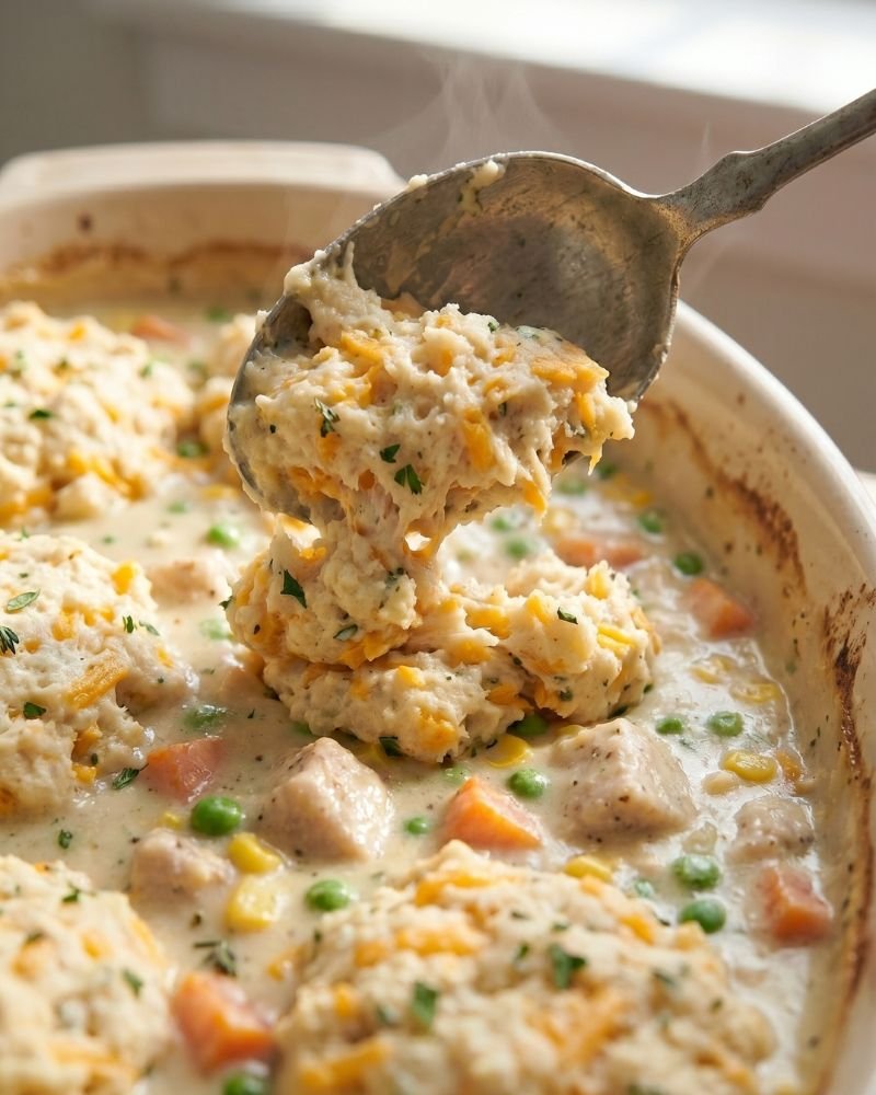 Dropping cheddar bay biscuit dough over chicken pot pie filling before baking healthy recipe