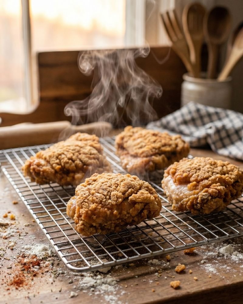 Freshly fried broasted chicken resting on wire rack to stay crispy