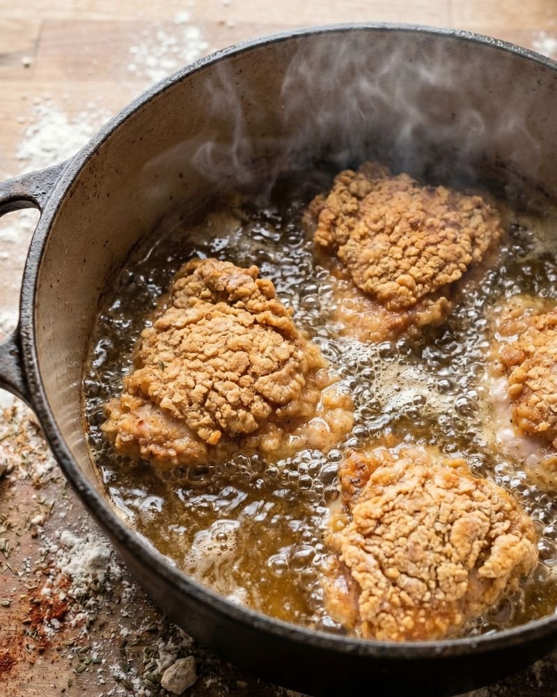 Golden crispy broasted chicken frying in hot oil at correct frying temperature