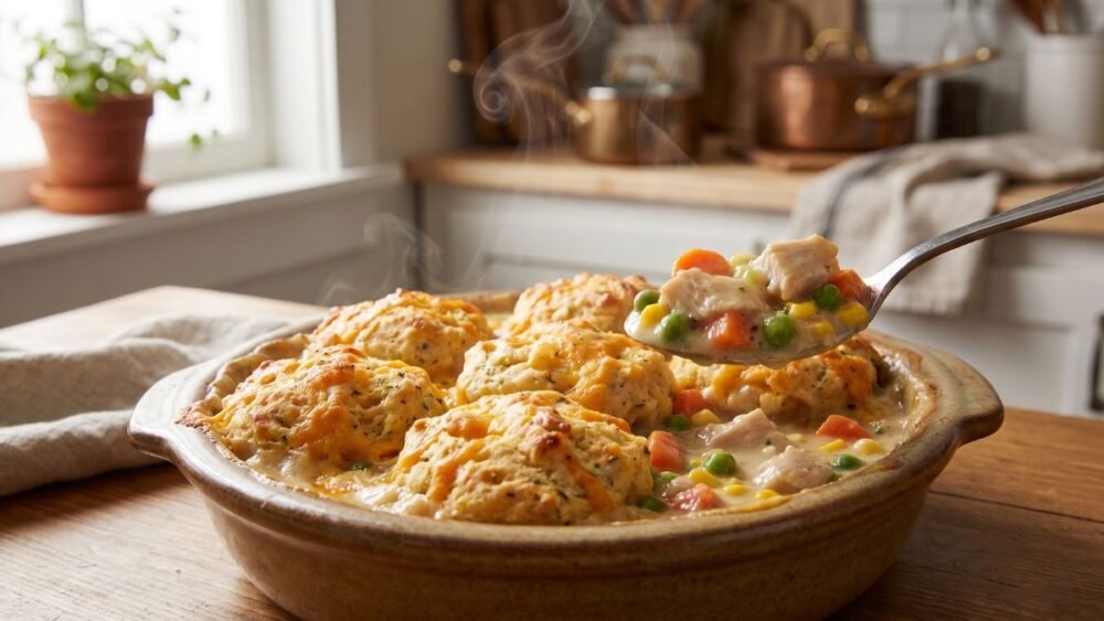 Healthy chicken pot pie with cheddar bay biscuits, creamy filling with vegetables and golden biscuit topping in a rustic dish