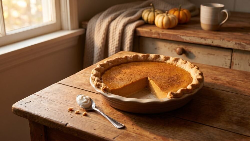 Healthy pumpkin pie recipe with creamy pumpkin filling and lower sugar crust on rustic wooden table during fall season