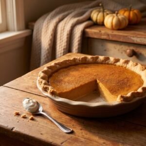 Healthy pumpkin pie recipe with creamy pumpkin filling and lower sugar crust on rustic wooden table during fall season