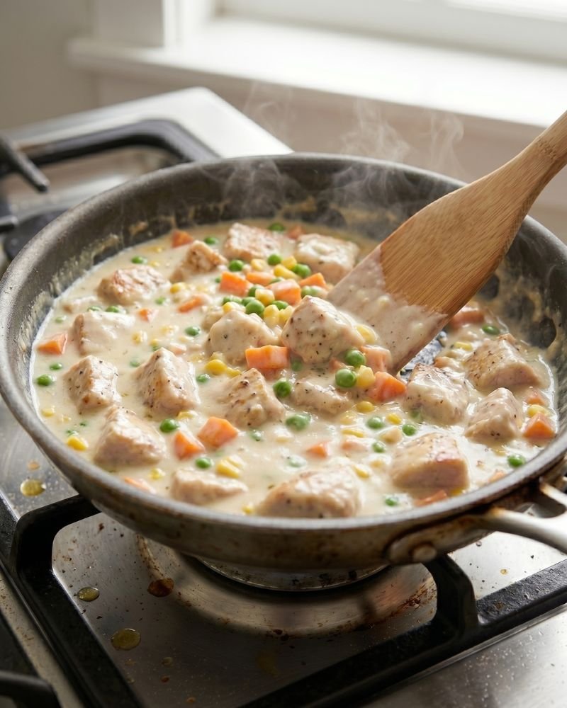 Healthy chicken pot pie filling with vegetables and Greek yogurt cooking in skillet creamy texture