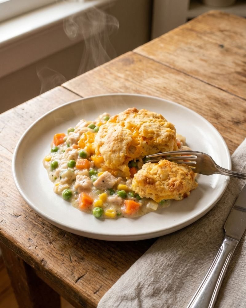Healthy portion of chicken pot pie with cheddar bay biscuits high protein low calorie meal