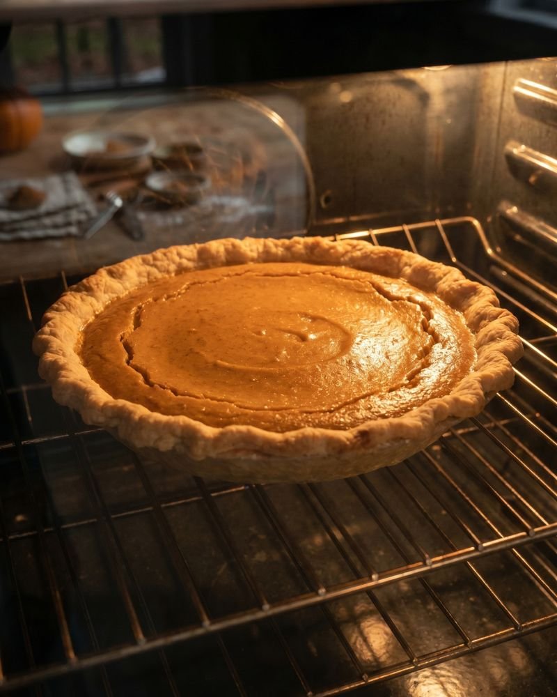 Healthy pumpkin pie baking in oven with golden crust and creamy pumpkin filling
