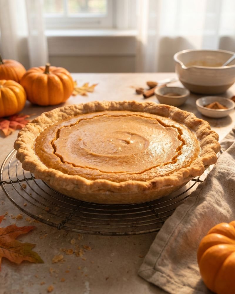 Healthy pumpkin pie cooling on wire rack before refrigerating and slicing