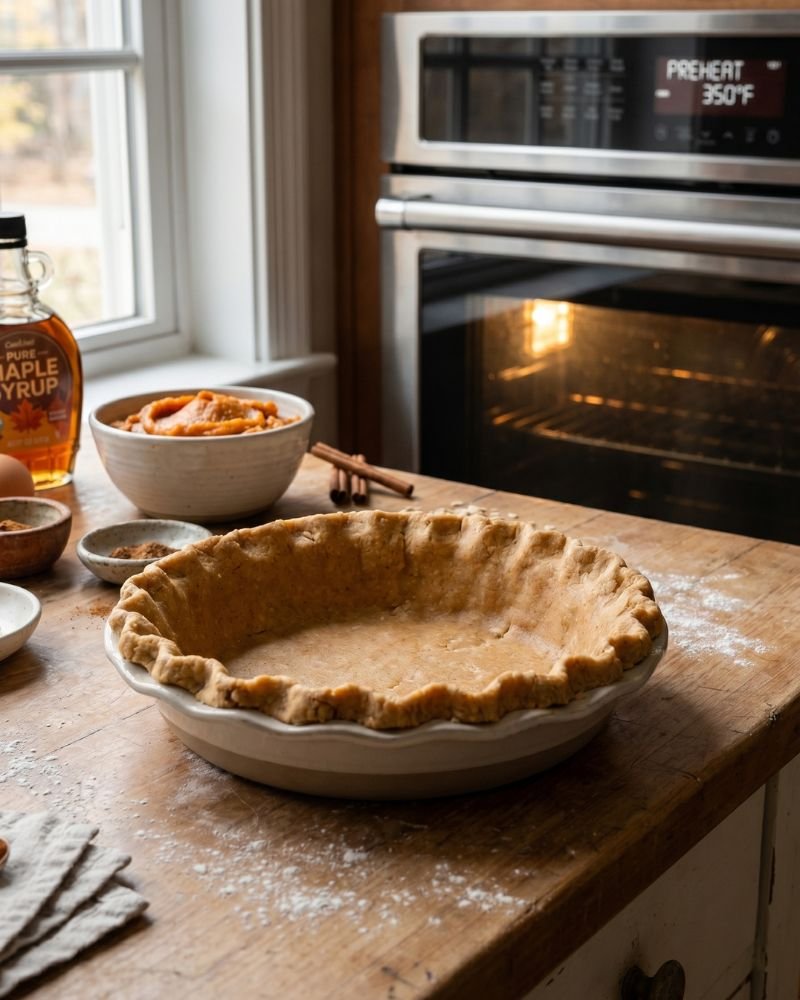 Healthy pumpkin pie crust in ceramic pie dish before baking in preheated oven