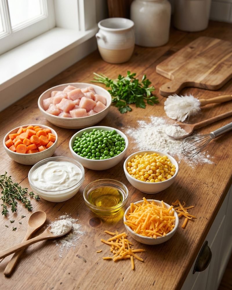 Ingredients for healthy chicken pot pie with cheddar bay biscuits including chicken breast vegetables Greek yogurt and cheese