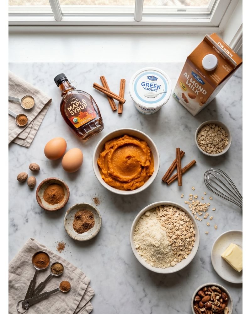 Ingredients for healthy pumpkin pie recipe including pumpkin puree maple syrup Greek yogurt and almond flour crust