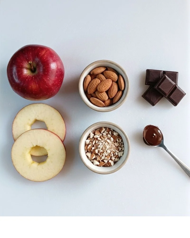 Ingredients layout for healthy snickers apple slices featuring a red apple, whole almonds, chopped almonds, and melted chocolate
