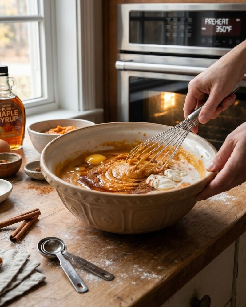 Mixing healthy pumpkin pie filling with pumpkin puree Greek yogurt maple syrup and spices