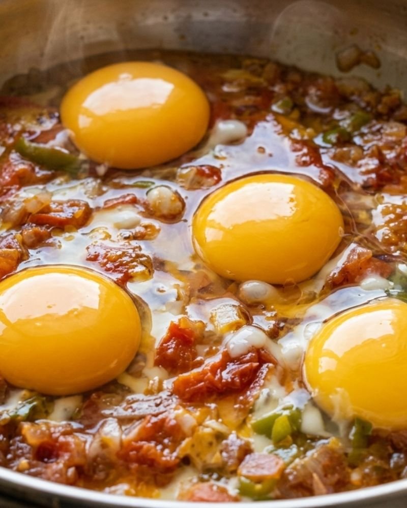 clear out 4 small wells or pockets directly in the bubbling tomato sauce.