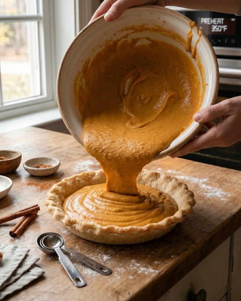 Pouring creamy healthy pumpkin pie filling into homemade pie crust before baking