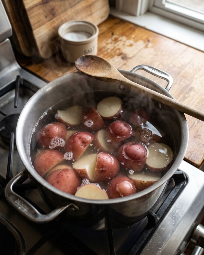Red potatoes boiling in a stainless steel pot on a home stove, skin-on potato chunks simmering in salted water for potato salad