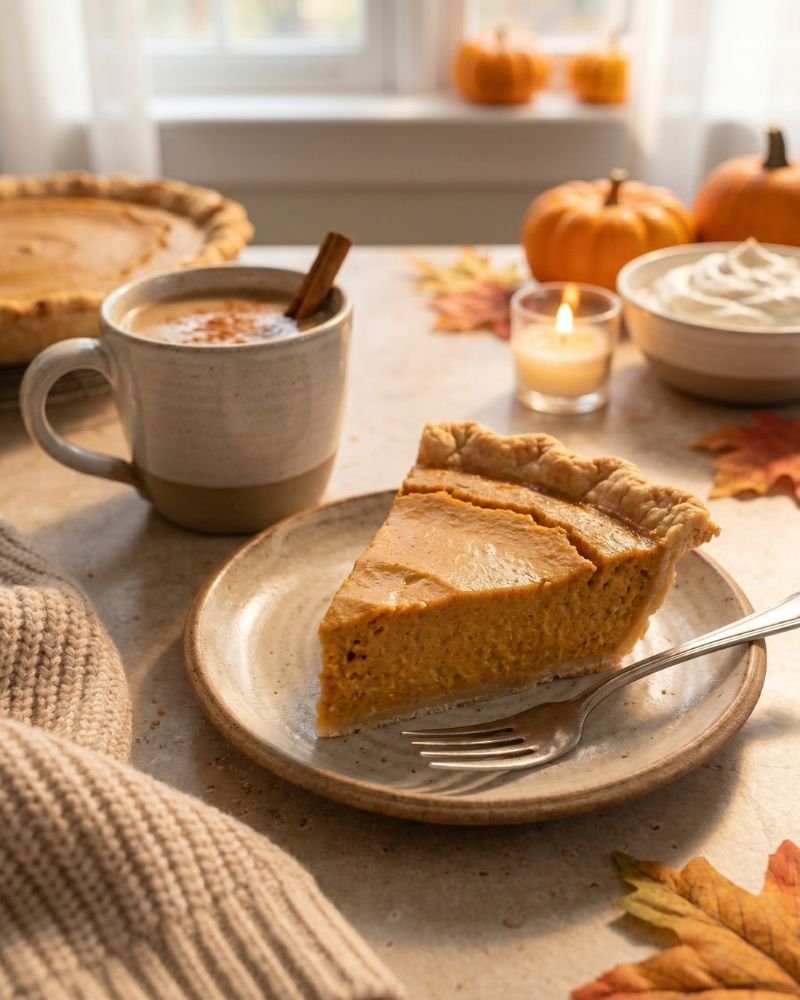 Slice of healthy pumpkin pie served with cinnamon coffee in cozy autumn kitchen setting