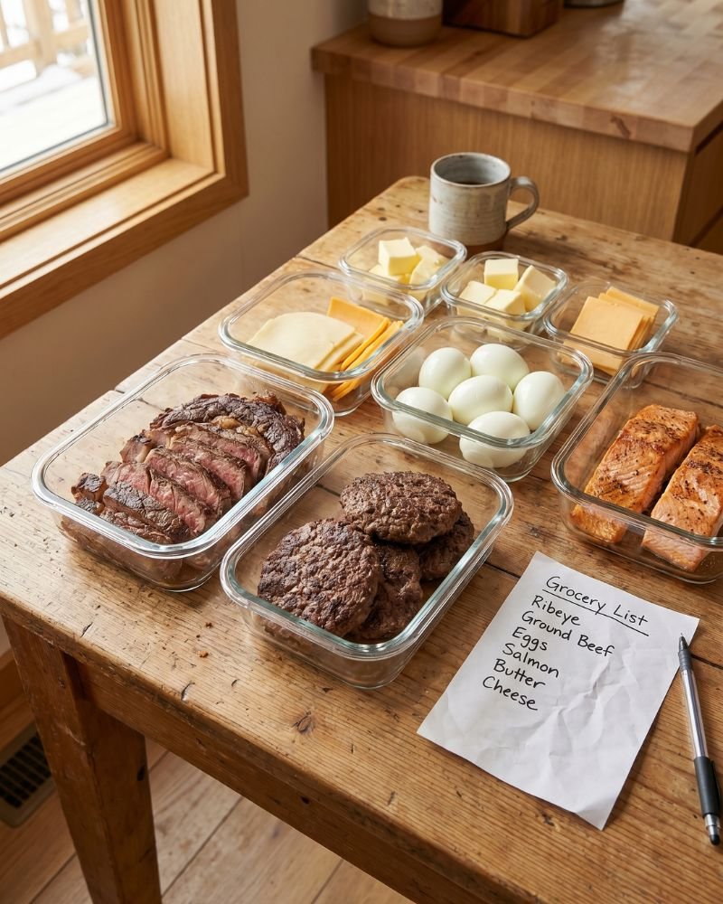 beginner carnivore diet meal prep with steak eggs salmon and ground beef arranged in realistic home kitchen containers