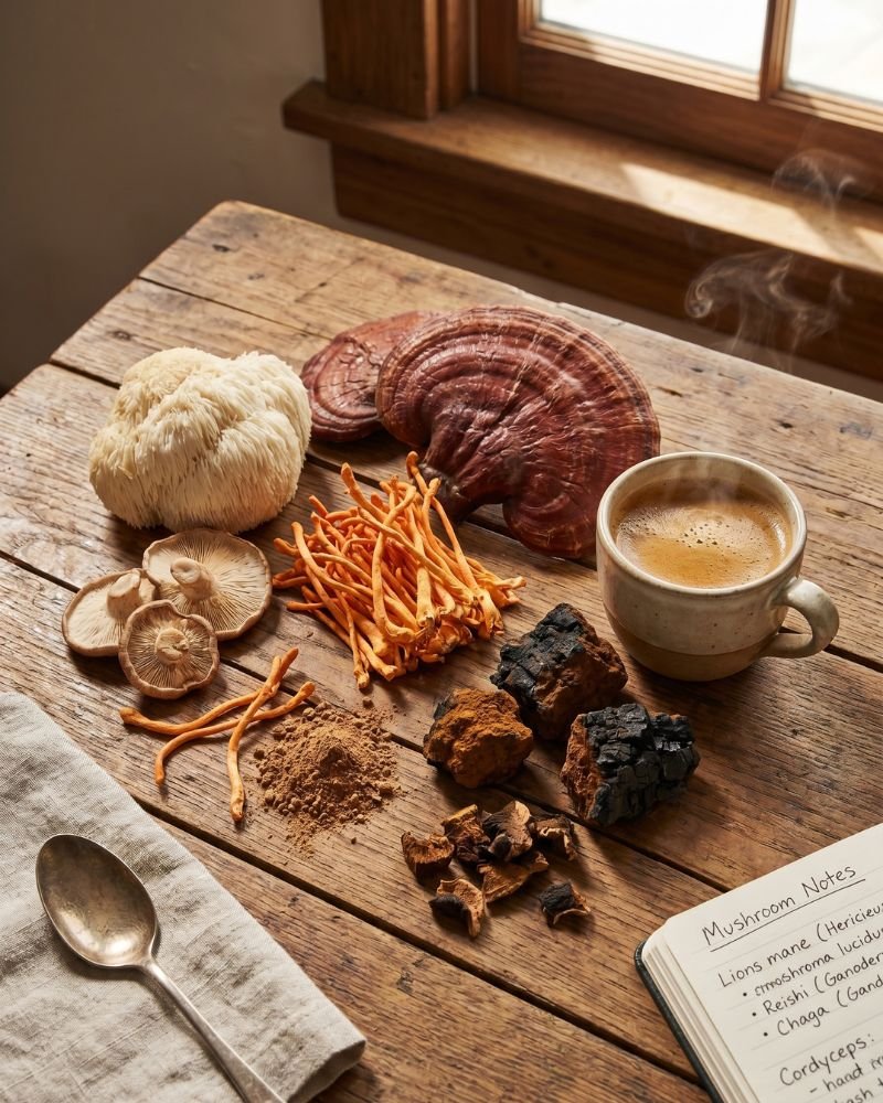 Lion’s mane reishi chaga and cordyceps mushrooms used in mushroom coffee