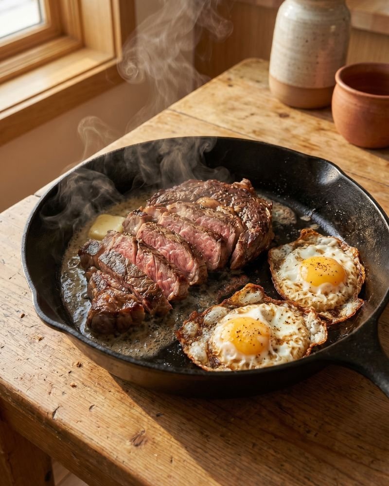 high protein carnivore diet meal with ribeye steak butter and eggs cooked in cast iron skillet for appetite control
