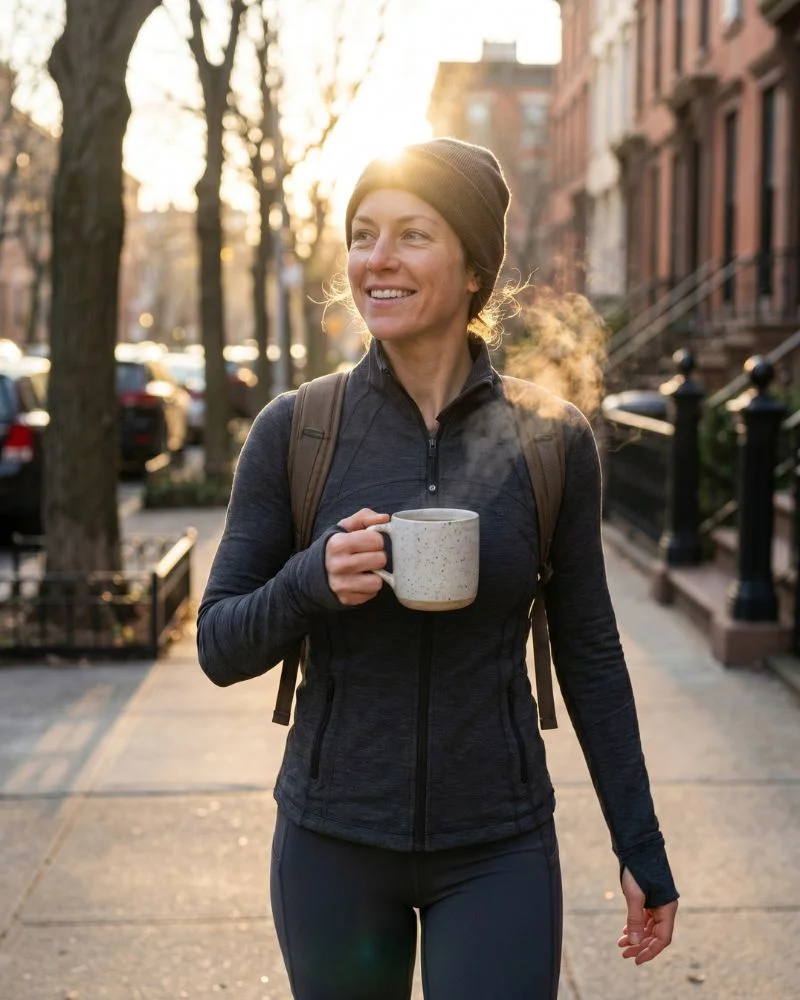 Healthy woman drinking mushroom coffee before workout for energy and weight loss support