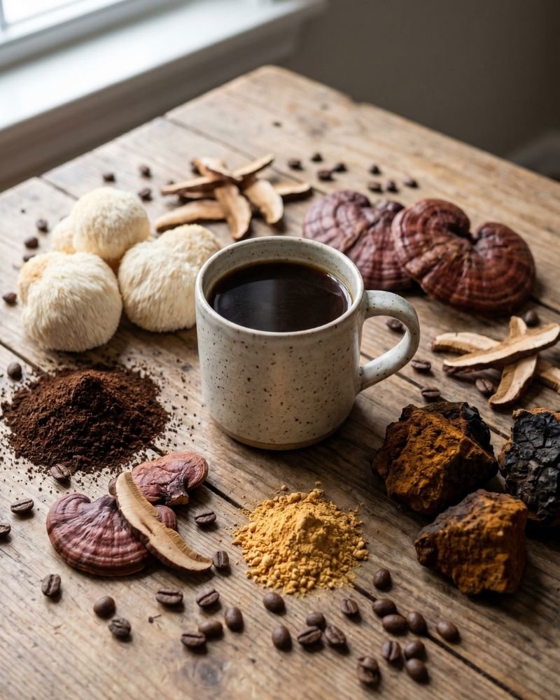 Mushroom coffee ingredients with medicinal mushrooms and coffee beans on wooden table