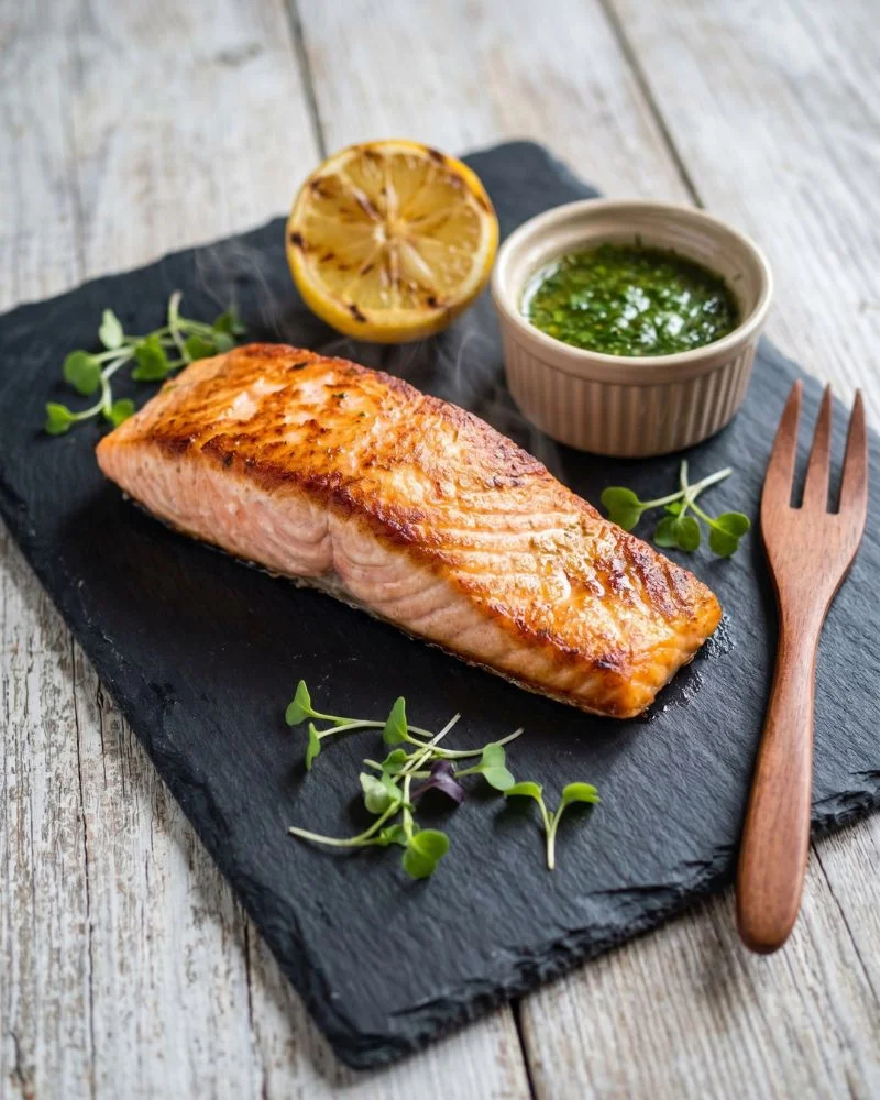 seared wild caught salmon fillet with lemon and herbs natural food to reduce cortisol and inflammation