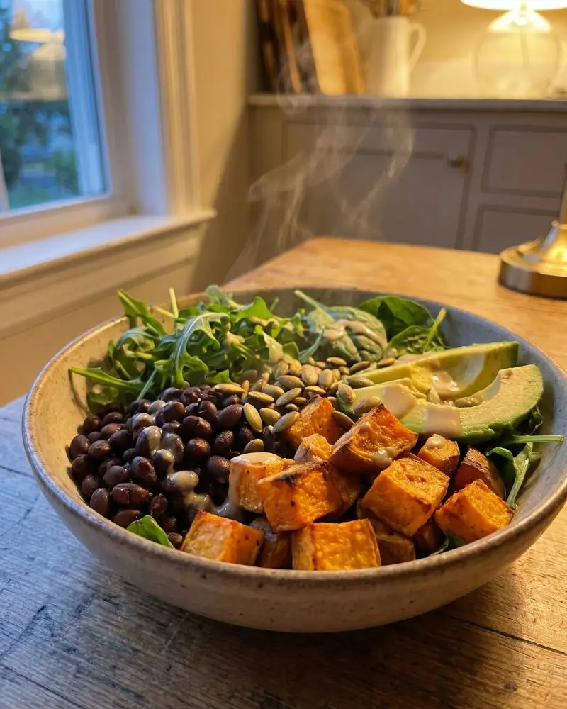 “sweet potato vegan salad bowl healthy warm plant based meal weight loss”