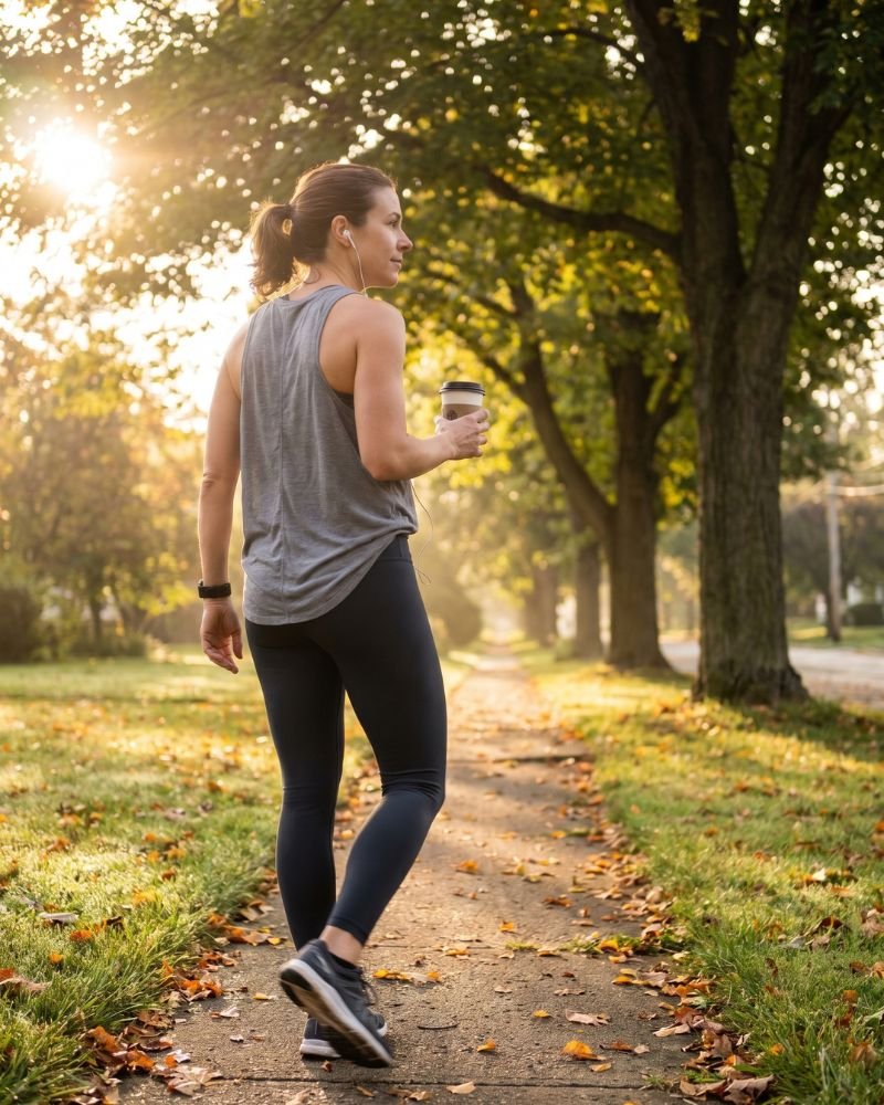 woman doing low intensity morning walk outside to lower cortisol levels naturally and reduce stress belly fat