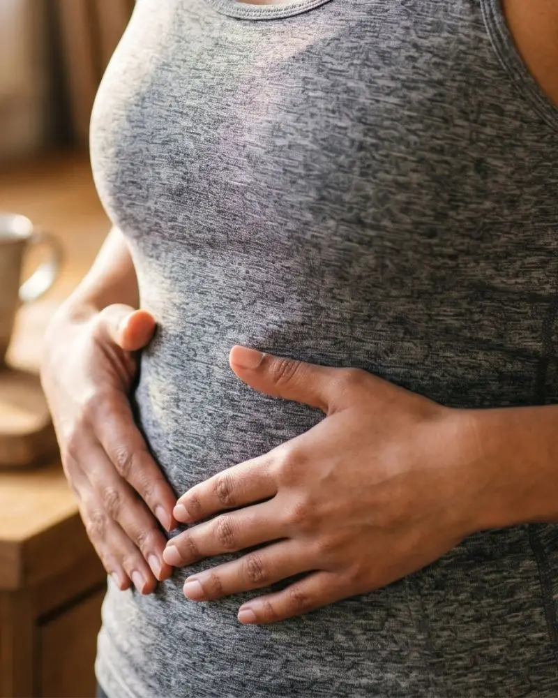 woman touching lower belly showing signs of cortisol belly fat from chronic stress
