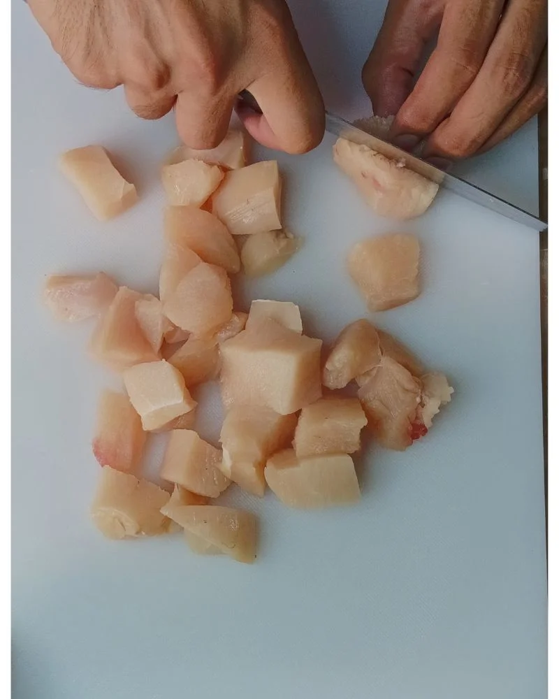 Cut the chicken breast into roughly 1-inch cubes
