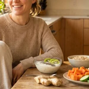 Woman enjoying healthy anti-bloating foods including banana, kiwi, yogurt, cucumber and peppermint tea in a bright kitchen.
