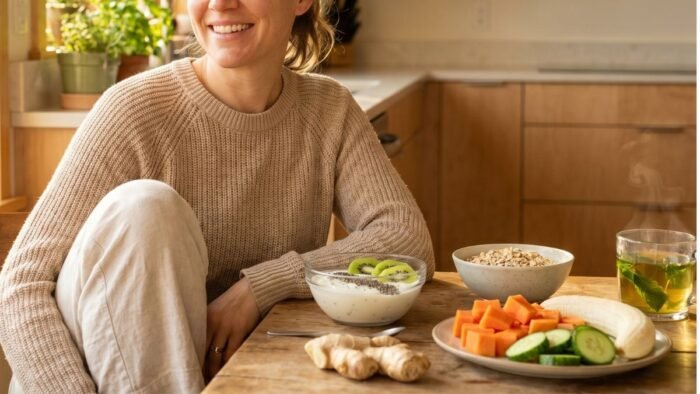 Woman enjoying healthy anti-bloating foods including banana, kiwi, yogurt, cucumber and peppermint tea in a bright kitchen.
