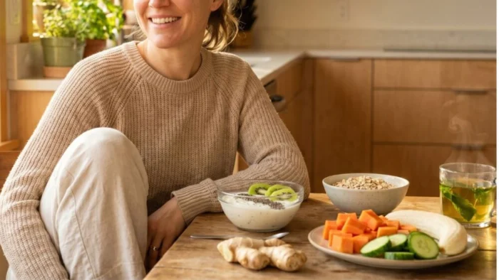 Woman enjoying healthy anti-bloating foods including banana, kiwi, yogurt, cucumber and peppermint tea in a bright kitchen.