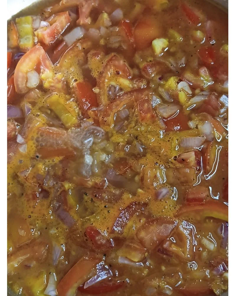 Pour in the water or broth. Bring to a boil,
