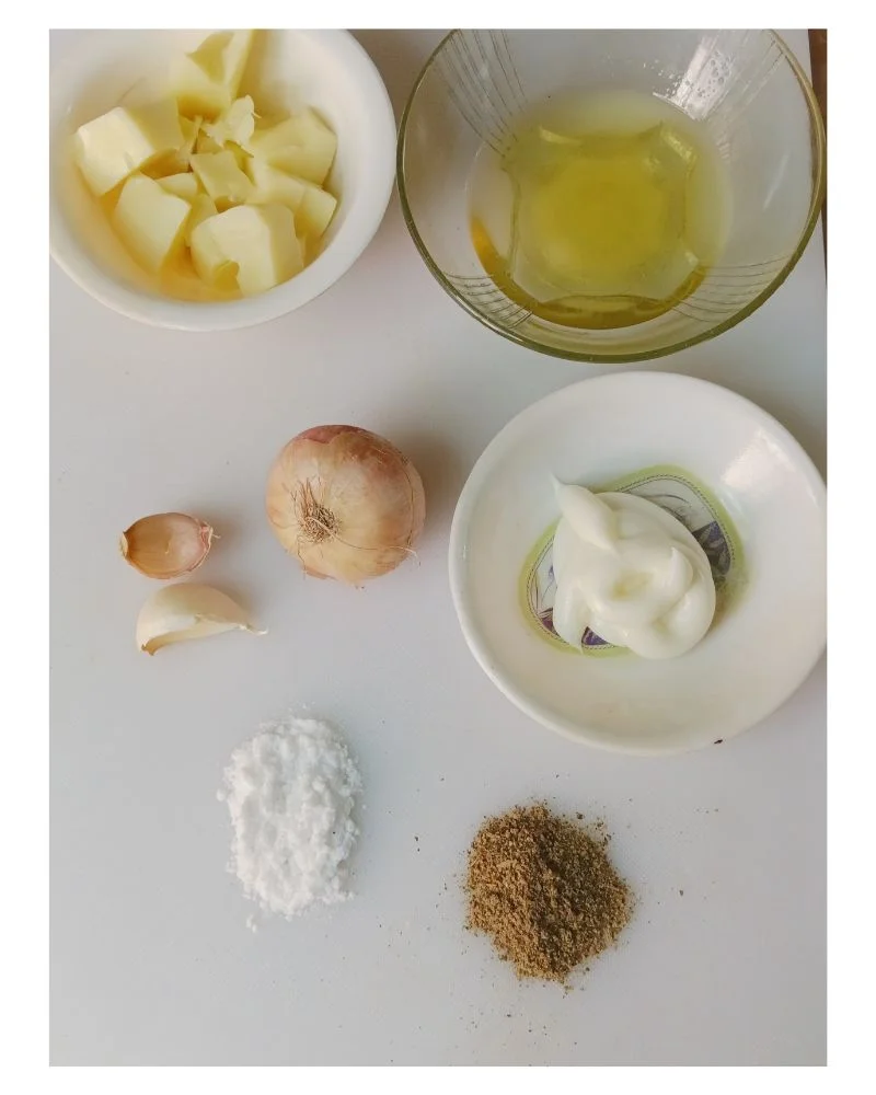 Raw ingredients for making low-carb stovetop hot chicken salad including chicken and mozzarella