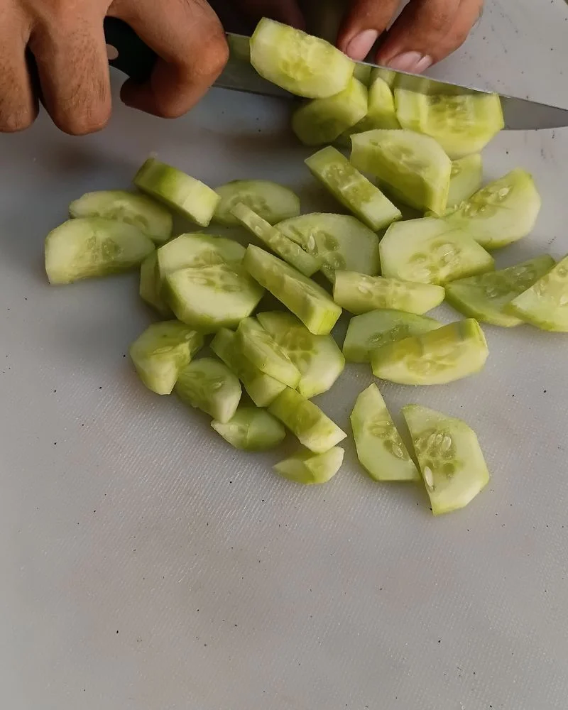 Slice it lengthwise, then dice it into small pieces