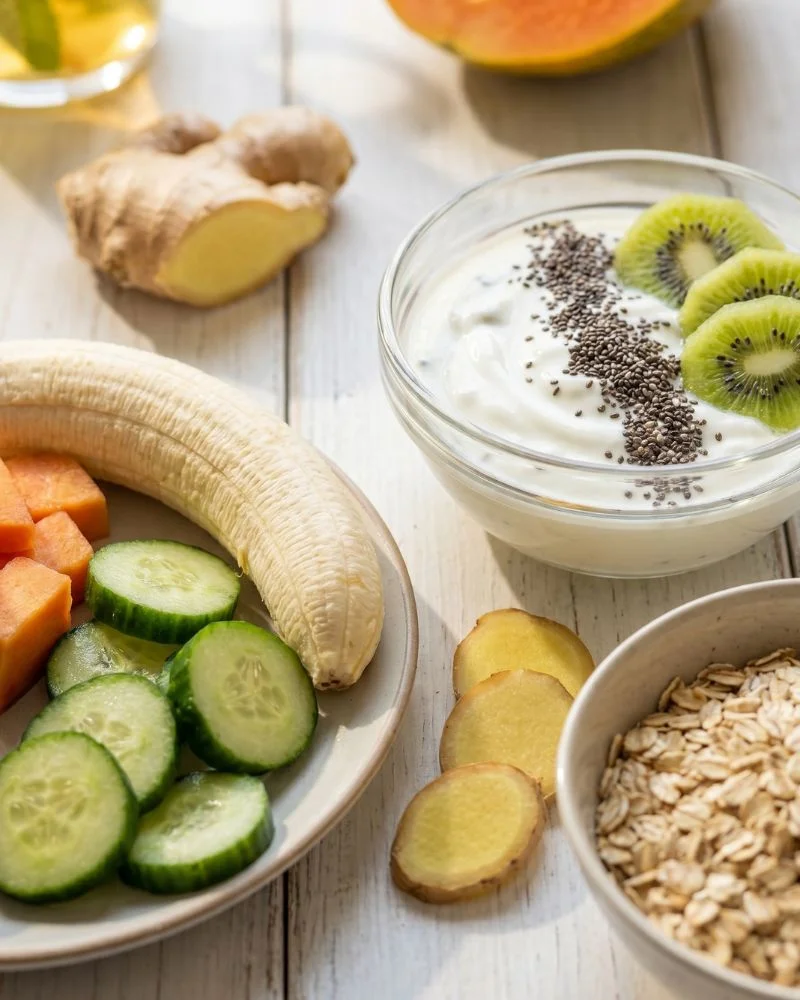 Healthy foods that may help reduce bloating including kiwi, banana, yogurt, ginger and oats.