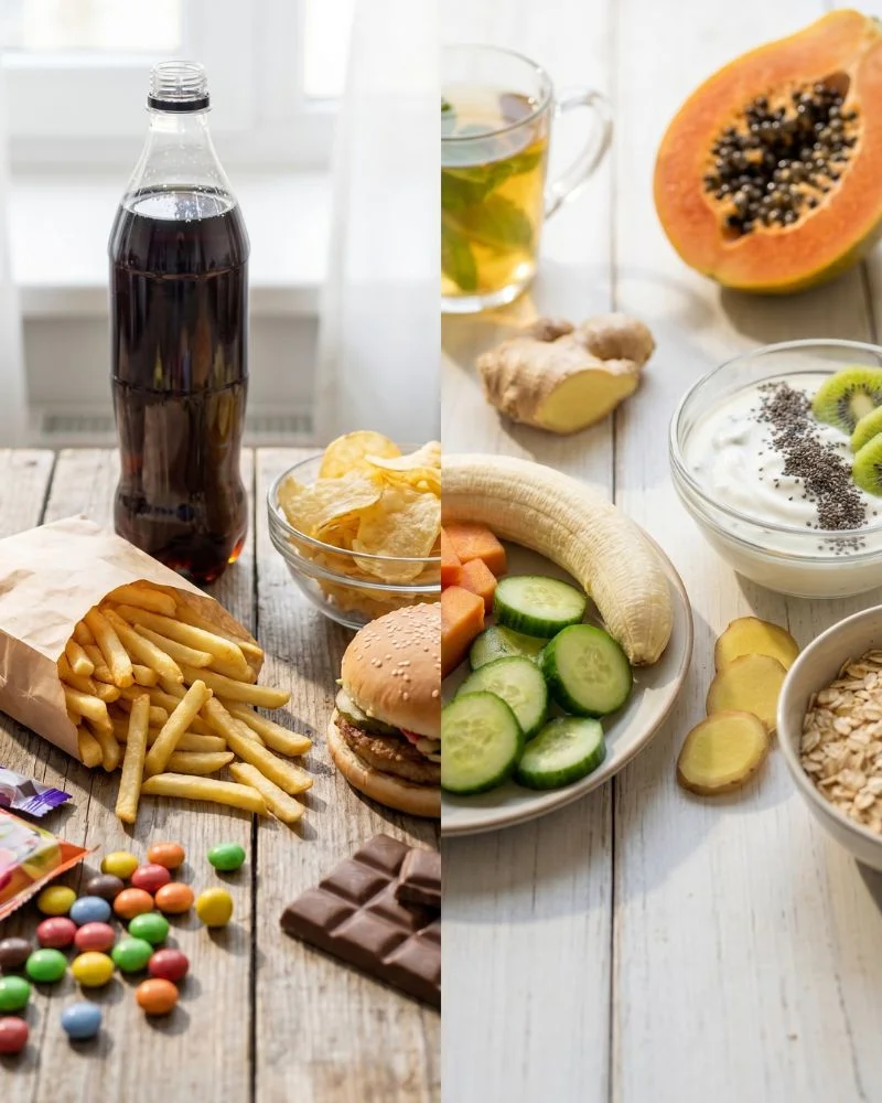 Comparison between foods that may worsen bloating and healthier alternatives.